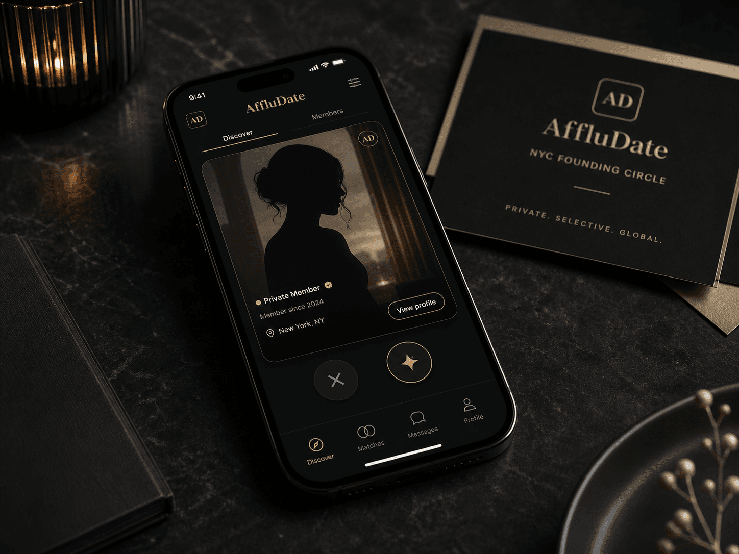 AffluDate mobile product preview with a private profile card interface.
